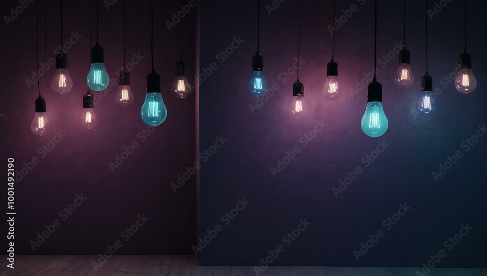 Abstract Purple-Blue Wall with Hanging Light Bulbs Abstract Purple-Blue Wall with Hanging Light Bulbs
