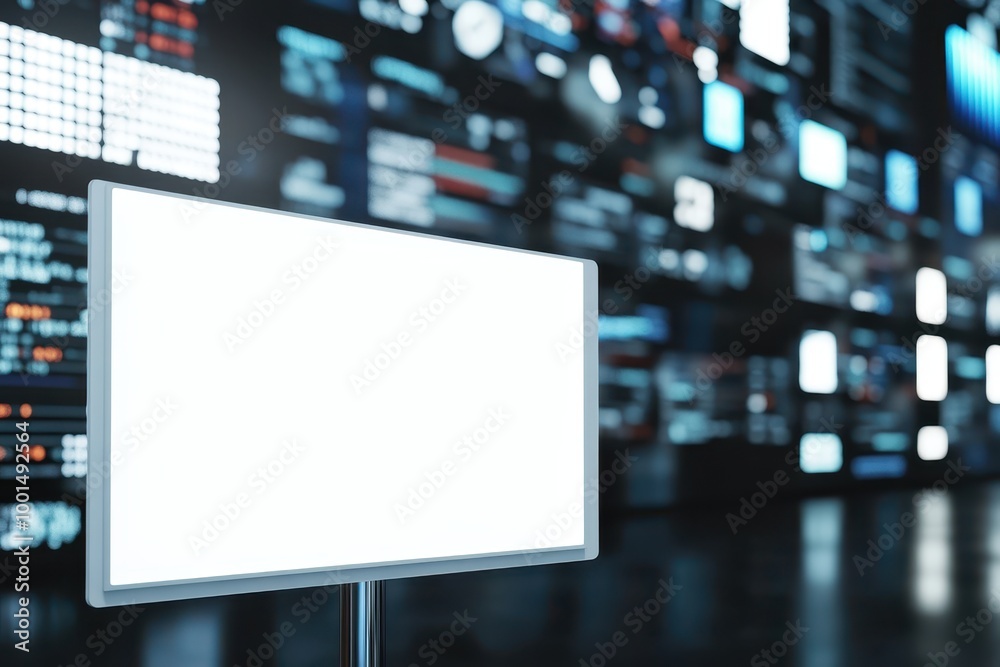 A white screen is in front of a wall of monitors displaying stock prices A white screen is in front of a wall of monitors displaying stock prices