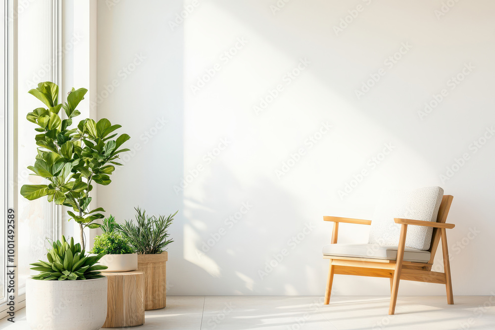 Fototapeta premium Bright and modern interior featuring a stylish chair and vibrant indoor plants, perfect for creating a serene atmosphere.