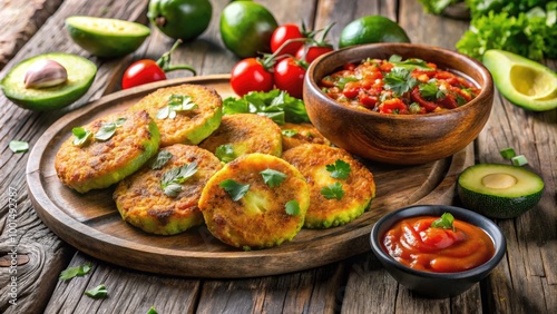 Crispy Mexican Potato Patties Served with Fresh Salsa and Avocado on a Rustic Wooden Table