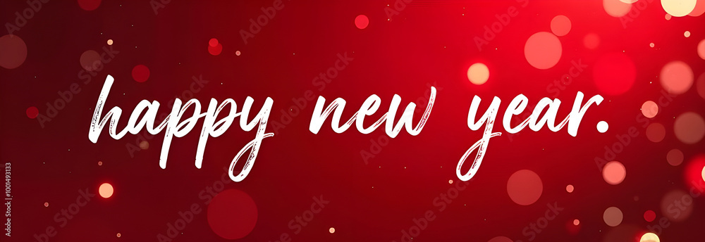 Big white Handwriting thin Letters happy new year over red banner Christmas background