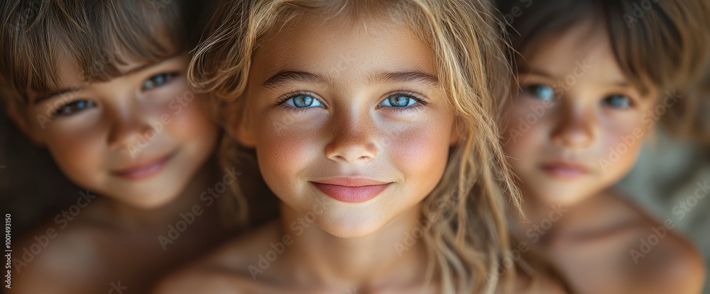 Obraz premium Three Children with Beautiful Blue Eyes