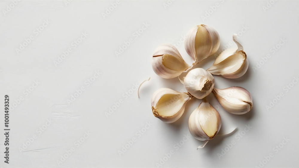 Several peeled garlic cloves arranged on a white background. Several peeled garlic cloves arranged on a white background.