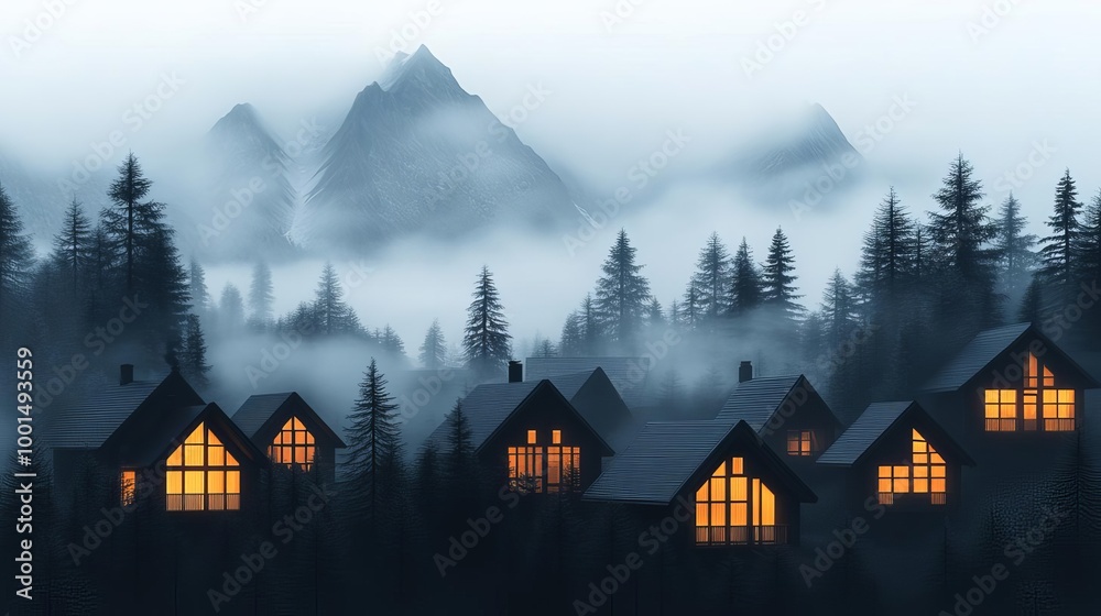 Misty mountain village, glowing windows, early morning, 3D illustration Misty mountain village, glowing windows, early morning, 3D illustration