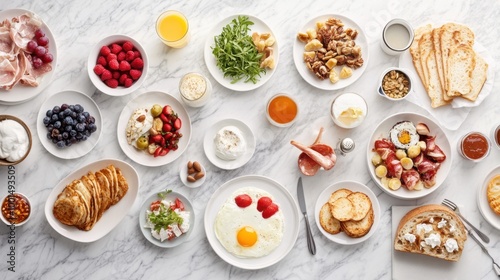 A variety of traditional breakfast foods arranged on a marble surface, creating a classic and elegant setting.