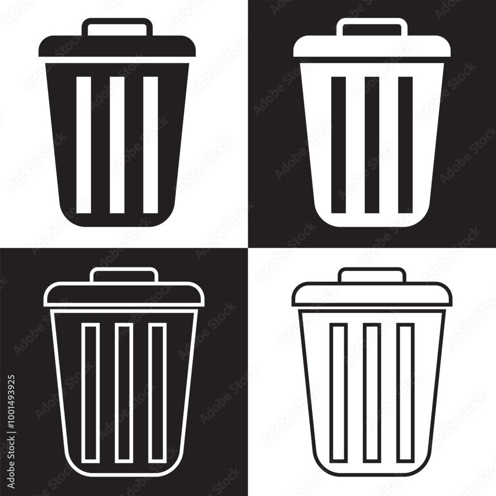 Trash bin icons. Dustbin, trash sign icon. Waste, delete symbol. Vector illustration isolated on white and black background. EPS 10 Trash bin icons. Dustbin, trash sign icon. Waste, delete symbol. Vector illustration isolated on white and black background. EPS 10
