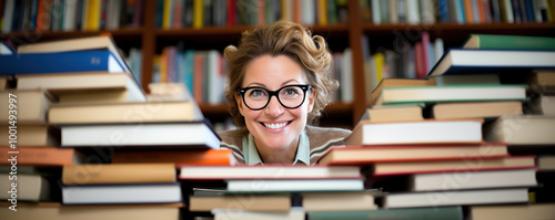 Wallpaper Mural A joyful woman surrounded by stacks of books in a cozy library, capturing the essence of reading and knowledge in her smile Torontodigital.ca