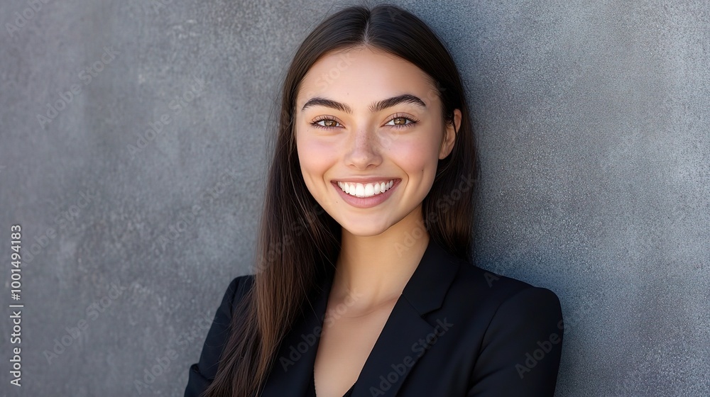 Professional Woman Smiling Against Gray Wall Professional Woman Smiling Against Gray Wall