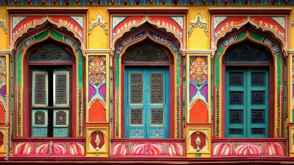 Fototapeta premium A vibrant and lively Indian Haveli exterior with intricate patterns, showcasing the beauty of traditional architecture.