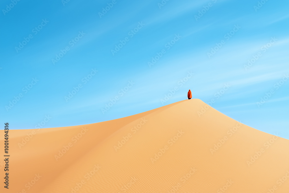 A lone figure stands on a sand dune under a clear blue sky in the desert landscape A lone figure stands on a sand dune under a clear blue sky in the desert landscape