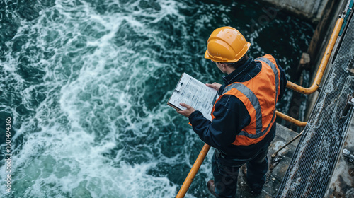 Water engineer inspecting flowing water in treatment plant