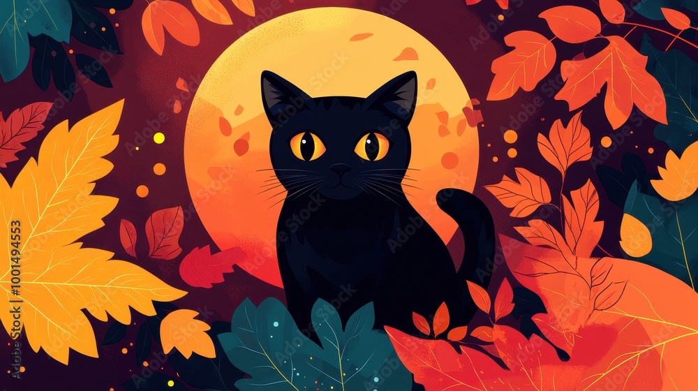 A playful black cat with glowing eyes is surrounded by autumn leaves under a crescent moon A playful black cat with glowing eyes is surrounded by autumn leaves under a crescent moon