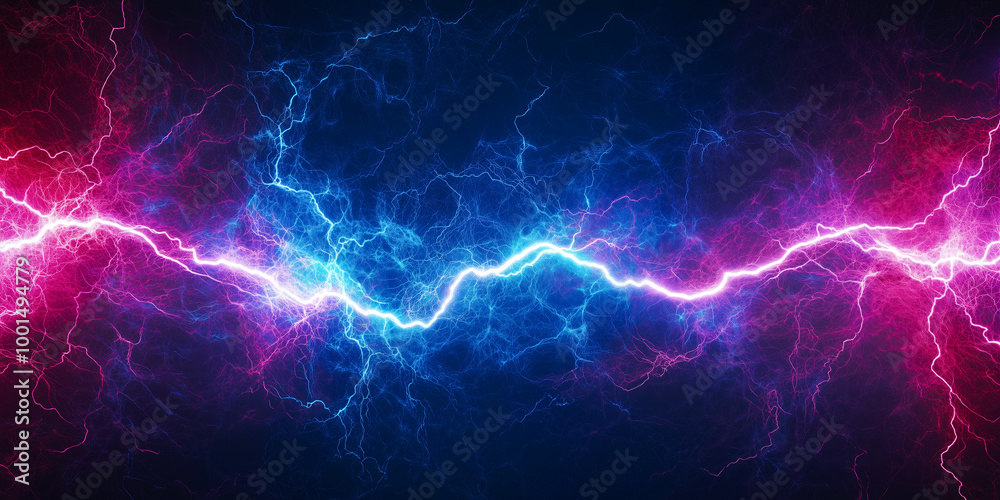 Obraz premium Blue and pink electric lightning bolts streaking across dark background