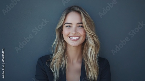 Smiling Woman with Long Hair Against Dark Background