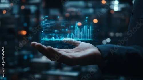 A futuristic holographic financial chart floating above a businessman hand, representing advanced data visualization and analysis in finance.