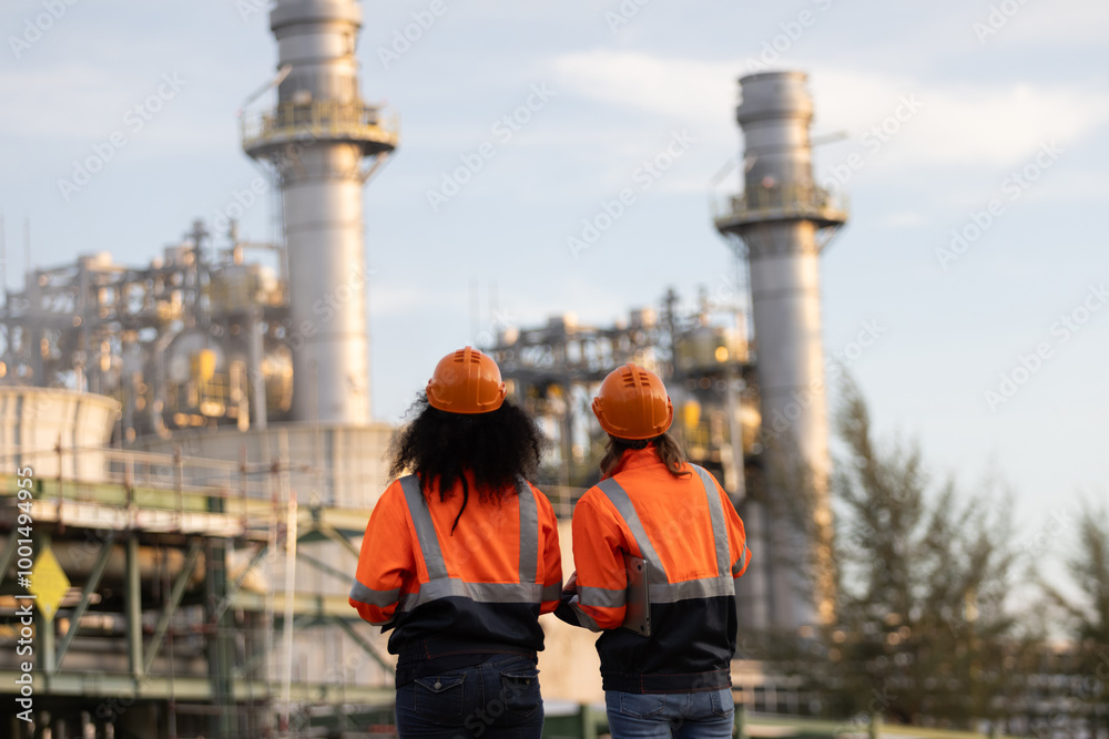 Two brilliant female engineers engaged in a dynamic discussion at a bustling refinery plant in the heart of the industry. Embracing diversity and driving innovation in engineering. Two brilliant female engineers engaged in a dynamic discussion at a bustling refinery plant in the heart of the industry. Embracing diversity and driving innovation in engineering.