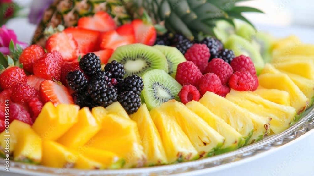 Colorful Fresh Fruit Display on Elegant Tray Colorful Fresh Fruit Display on Elegant Tray