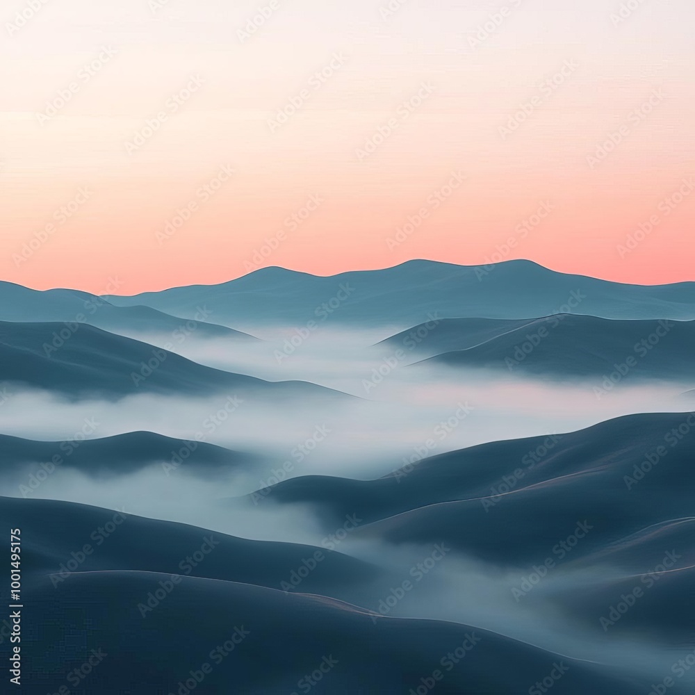 Rolling fog over hills, serene landscape, sunrise glow, 3D illustration