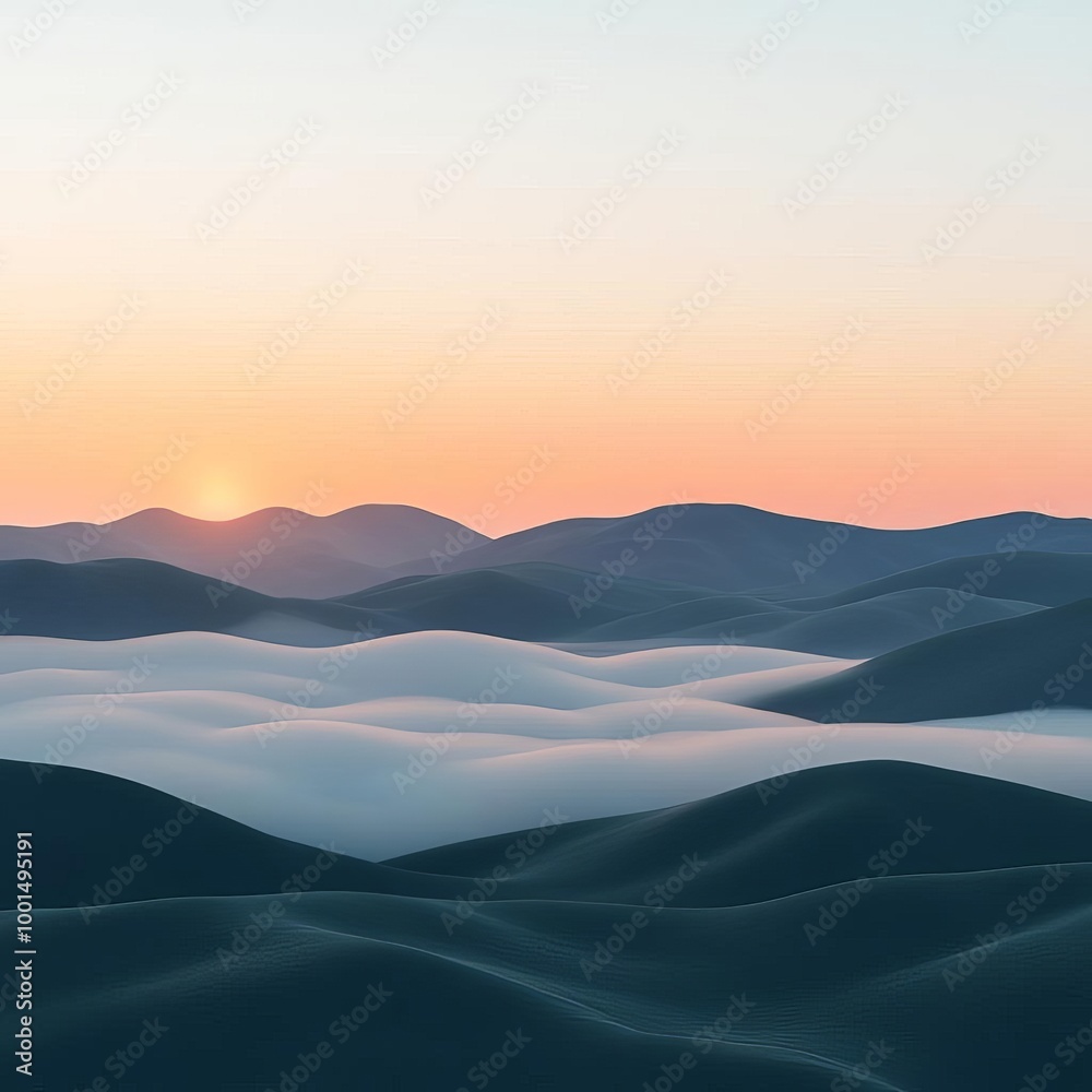 Fototapeta premium Rolling fog over hills, serene landscape, sunrise glow, 3D illustration