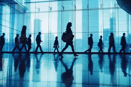 Modern business workplace with people in walking in during day time. motion blur concept.