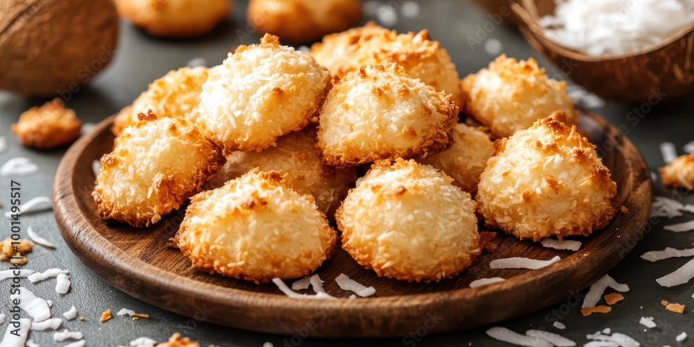 Freshly Baked Coconut Macaroons on a Wooden Plate Freshly Baked Coconut Macaroons on a Wooden Plate
