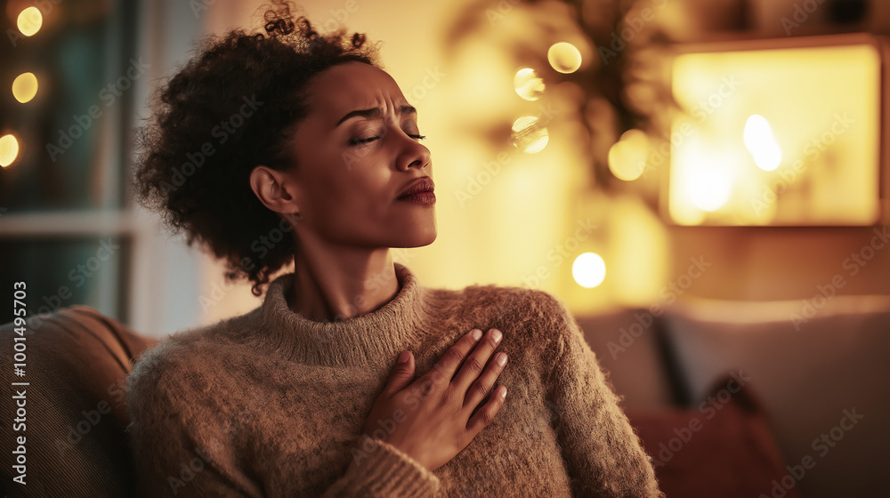 © MargoArt - Woman sits on cozy sofa with her hand on her chest, eyes closed in moment of emotional reflection or gratitude