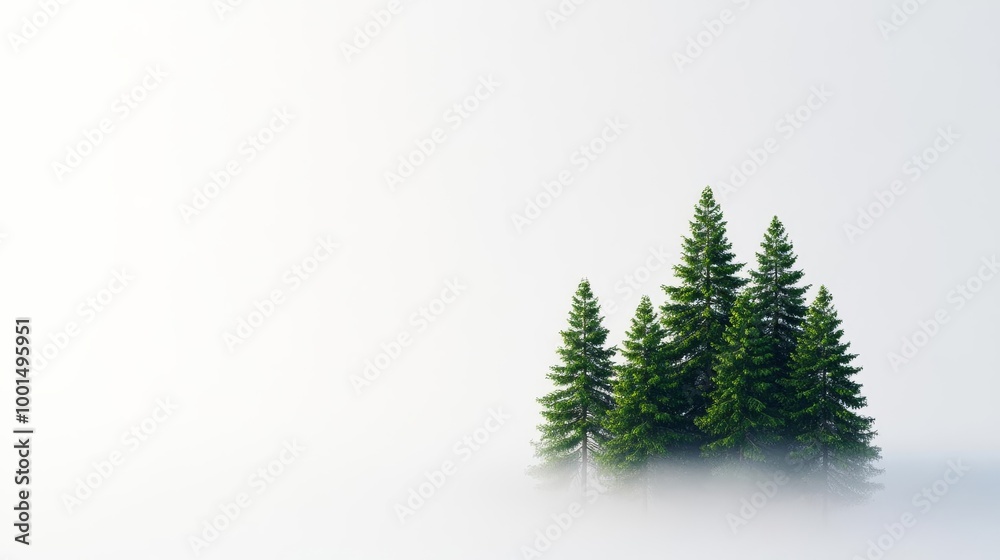 Treetops, peeking through fog, early morning light, 3D illustration Treetops, peeking through fog, early morning light, 3D illustration