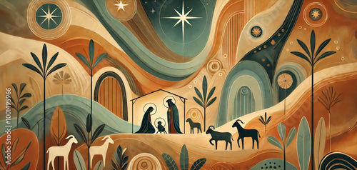 Boho style painting representing Nativity scene in Bethlehem. Christmas scene illustration showing holy family baby Jesus in the manger Joseph and Mary. Wallpaper or banner