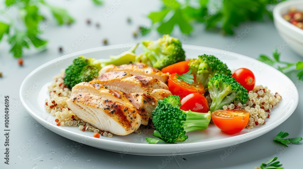 Grilled chicken breast with quinoa, steamed broccoli, and cherry tomatoes, clean white plate, rustic table
