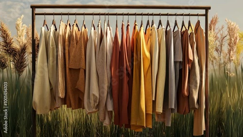 A clothing rack filled with neutral-toned garments stands in a field of tall grass under a bright, partly cloudy sky