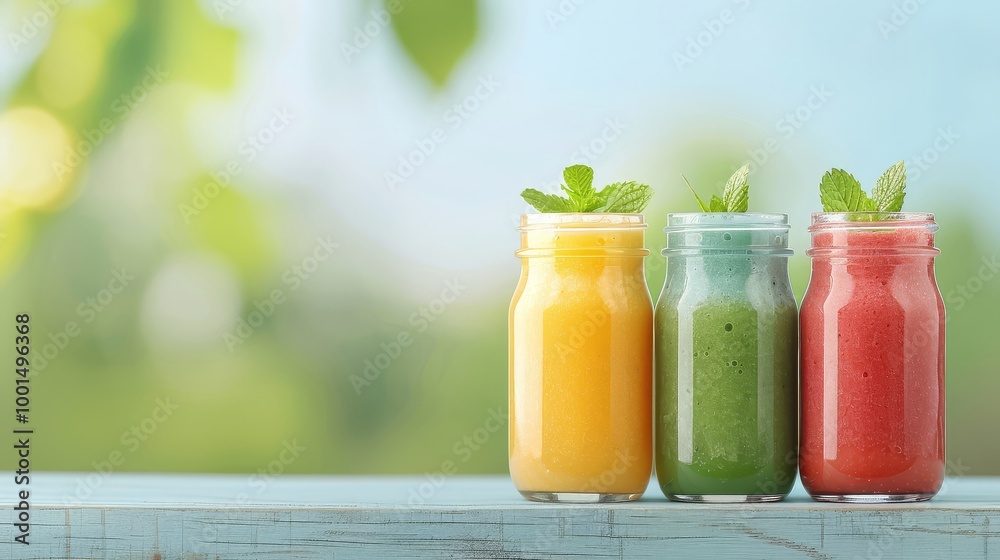 Fototapeta premium Colorful fruit and vegetable smoothie jars, rustic table, natural lighting