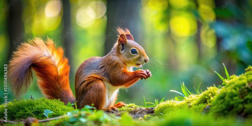 Cute Squirrel foraging for nuts in a lush green forest during the bright daylight hours of spring Cute Squirrel foraging for nuts in a lush green forest during the bright daylight hours of spring