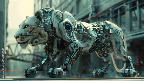 Concept hybrid mechanical lion robot. A robotic hybrid lion roaring. photo