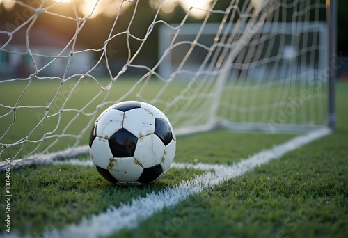 Soccer football on green grass field and goal post
