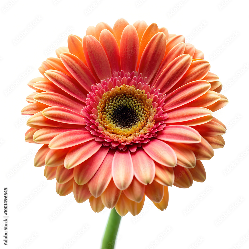 A bright orange and pink Gerbera daisy, beautifully detailed with layered petals, isolated against a clean white background, radiating freshness and cheer. A bright orange and pink Gerbera daisy, beautifully detailed with layered petals, isolated against a clean white background, radiating freshness and cheer.