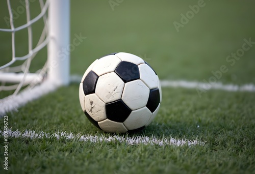 Soccer football on green grass field and goal post
