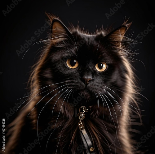 A close-up portrait of a striking black Maine Coon cat with intense yellow eyes, exuding mystery and elegance in a dark setting.