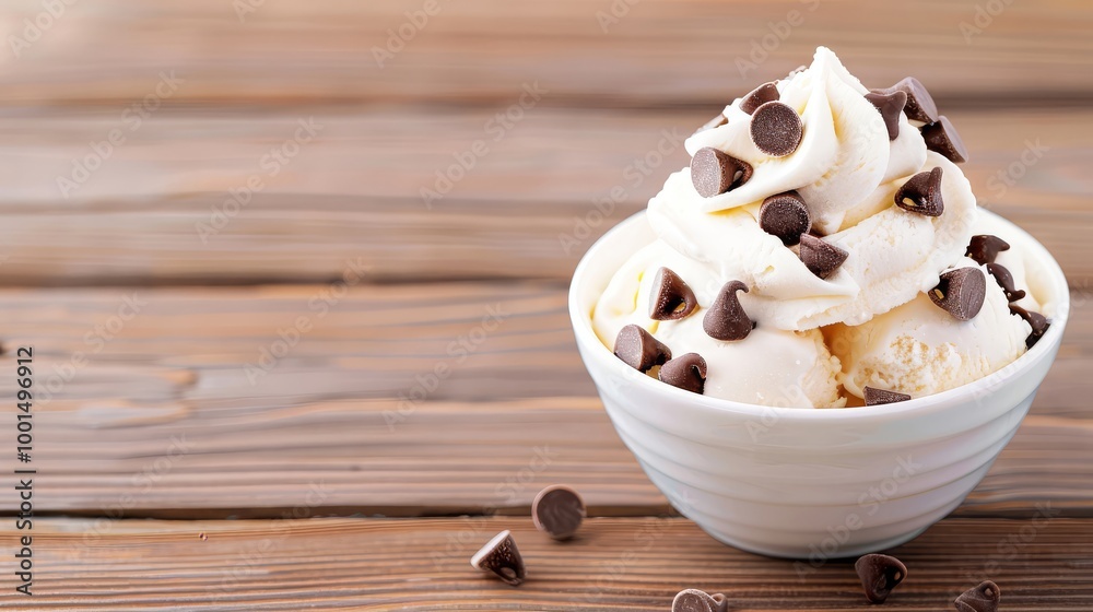 Ice cream with chocolate chips, bowl on a wooden table, rustic style