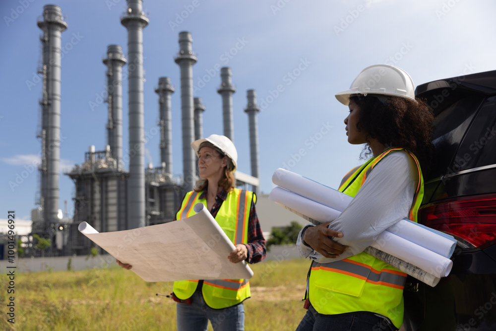 At the chemical plant, two capable female construction engineers are ...