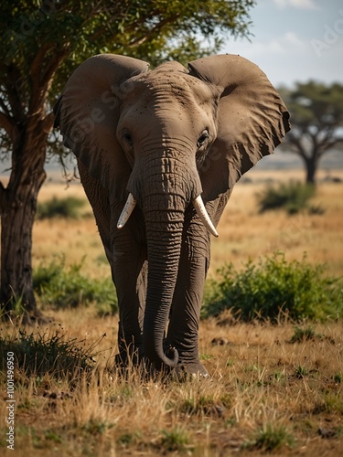 African elephant wandering the savannah in Masai Mara.