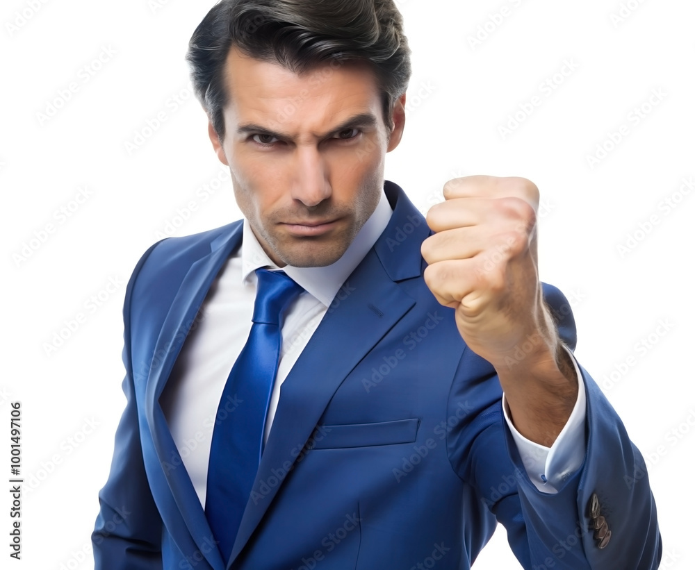 A focused businessman wearing a blue suit raises his fist in a determined and assertive gesture, representing ambition and resilience in business. A focused businessman wearing a blue suit raises his fist in a determined and assertive gesture, representing ambition and resilience in business.