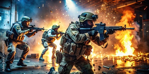 Dark and Intense Military Warfare Scene with Tactical Gear and Explosive Action Elements in Shadows