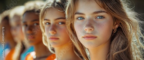 Closeup Portrait of Three Young Women Looking at the Camera