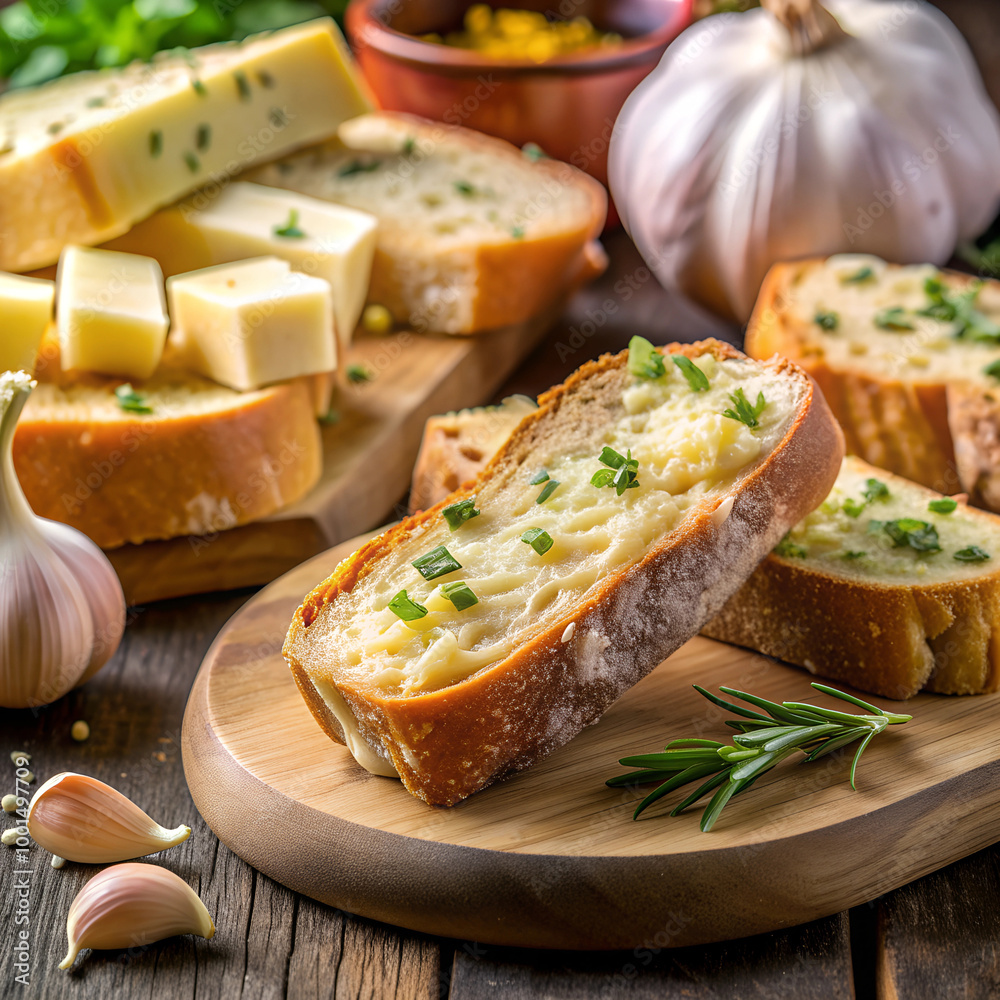 A rustic arrangement of freshly sliced garlic bread topped with butter and herbs, served with blocks of cheese and garlic cloves, evoking a cozy, homemade feel. A rustic arrangement of freshly sliced garlic bread topped with butter and herbs, served with blocks of cheese and garlic cloves, evoking a cozy, homemade feel.