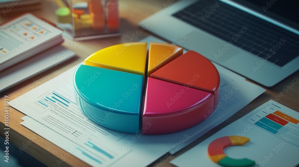 A high-angle view of a 3D pie chart with labeled segments, placed on a desk alongside business documents and a laptop, symbolizing data analysis in a corporate setting. A high-angle view of a 3D pie chart with labeled segments, placed on a desk alongside business documents and a laptop, symbolizing data analysis in a corporate setting.