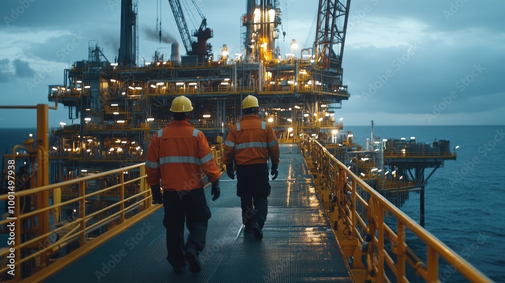 Wide shot of engineers in safety gear on an offshore oil platform under industrial lighting, with the surrounding ocean and rig machinery creating a striking visual contrast Wide shot of engineers in safety gear on an offshore oil platform under industrial lighting, with the surrounding ocean and rig machinery creating a striking visual contrast