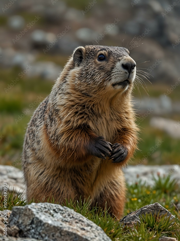 Alpine marmot with its young. Alpine marmot with its young.