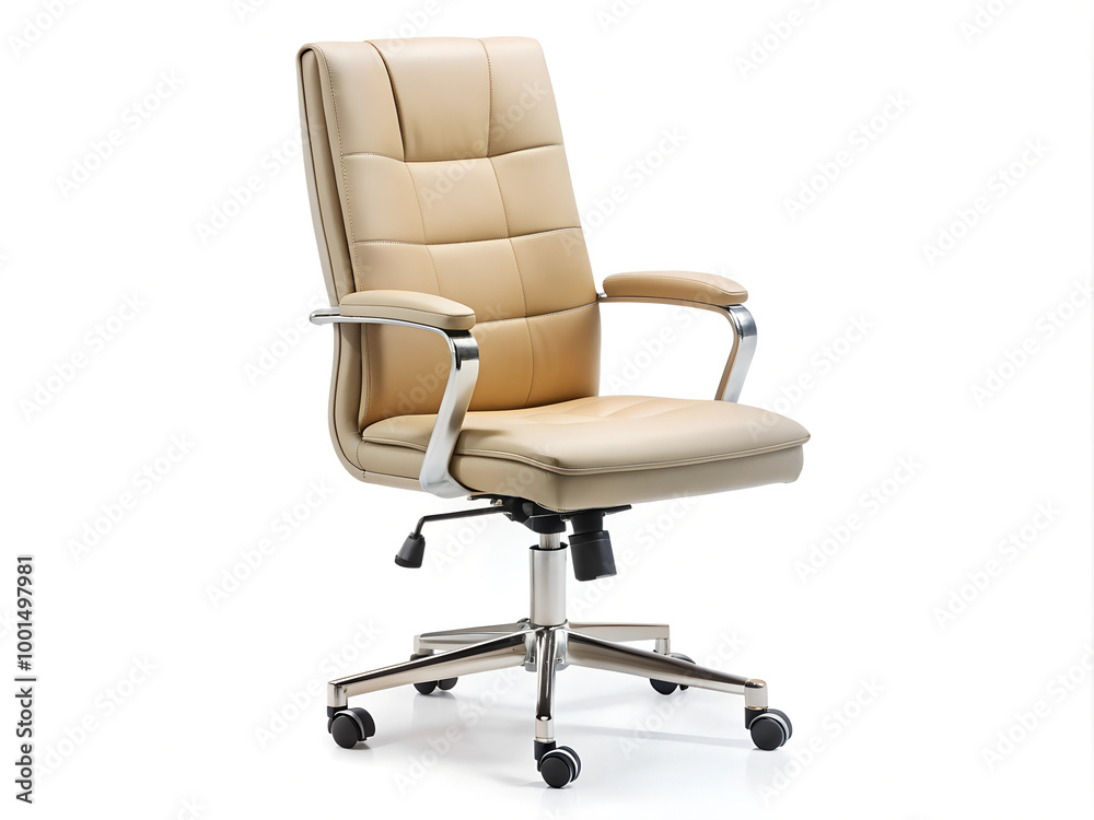 Naklejka premium A sleek and modern beige office chair with a cushioned seat and armrests, designed for comfort and style, featuring a rotating base with wheels for easy movement.