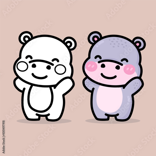 cute hippopotamus cartoon drawing and color book vector