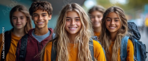 Group of Happy Teenage Students Walking Together